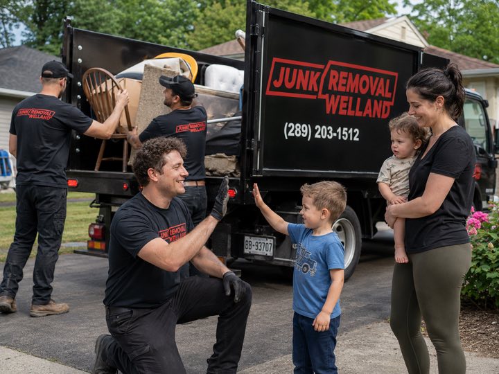 1 Day Junk Removal Welland crew member high-fiving a young boy while the family watches the truck being loaded