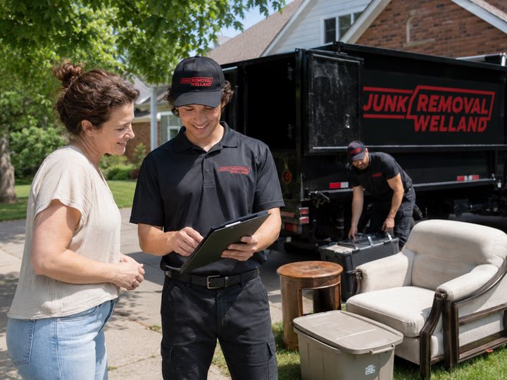 1 Day Junk Removal Welland crew member going over the pickup list with a customer while the truck is loaded