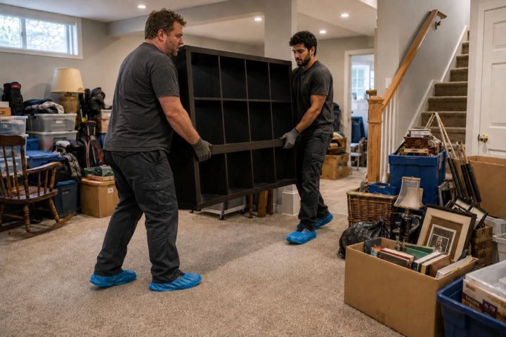 Two crew members carrying a shelving unit out of a basement during a cleanout