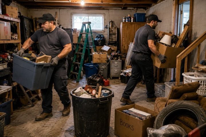 Crew carrying bins and boxes out of a cluttered garage
