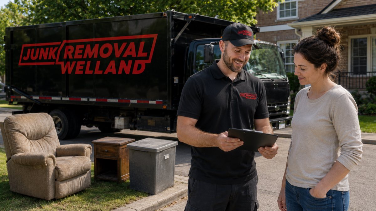 1 Day Junk Removal Welland crew member reviewing a pickup with a customer beside the branded truck