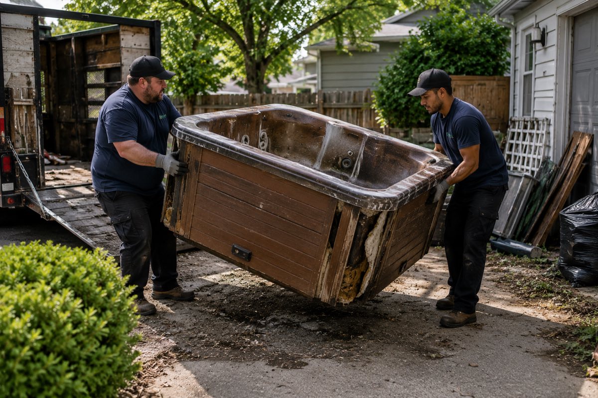 Two crew members lifting an old drained hot tub onto a trailer in a Welland driveway