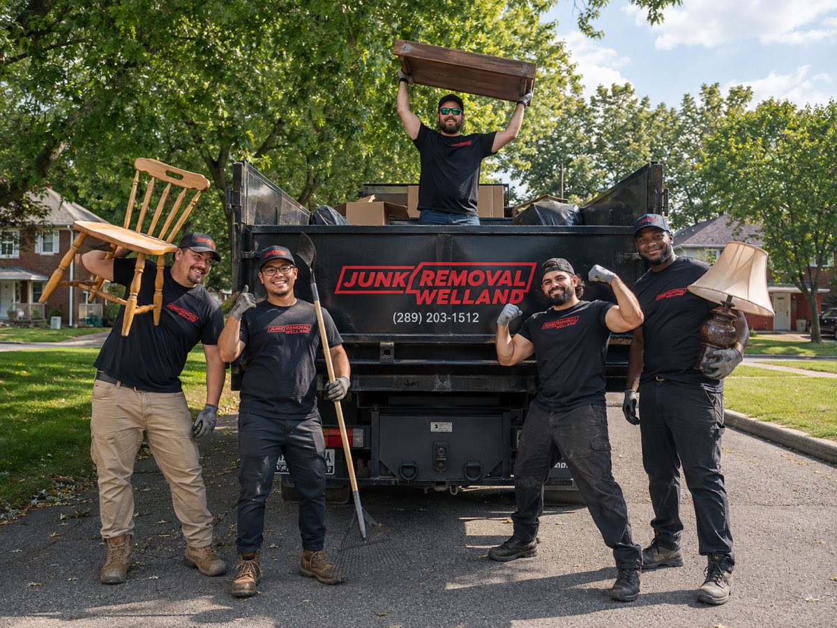 The 1 Day Junk Removal Welland crew posing with the truck, holding a chair, rake, table, and lamp
